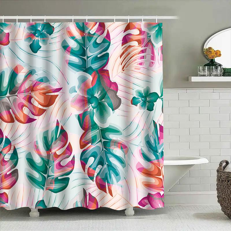 Summer Greenery Shower Curtain Fabric Print Home Decoration Waterproof Bathroom Rug Floral Leaf Pattern, Pink Blue White Orange
