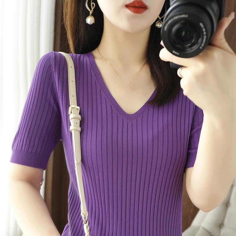 Frühling Sommer Damen V-Ausschnitt Kurzarm Exquisiter Kaschmir Strickpullover Pullover Einfarbig