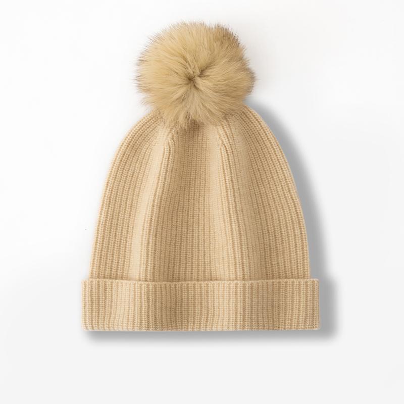 Women 100% Pure Cashmere Beanie Hat Pom Pom Detail Rib Knit Winter Warm Soft Slouchy Skullies Cap Cold Weather Accessory