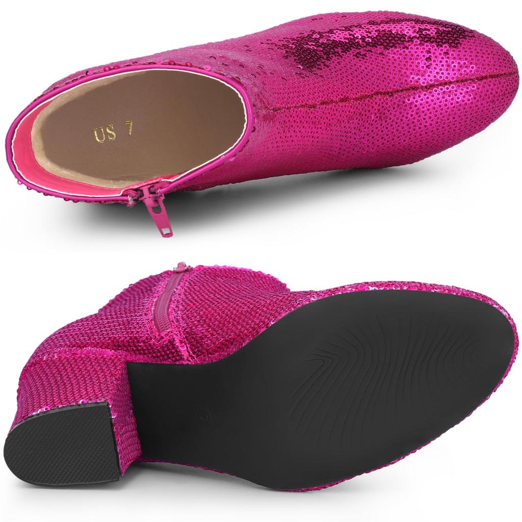 Allegra K Women's Round Toe Sequin Block Heel Ankle Boots, Hot Pink, Size 24.5cm