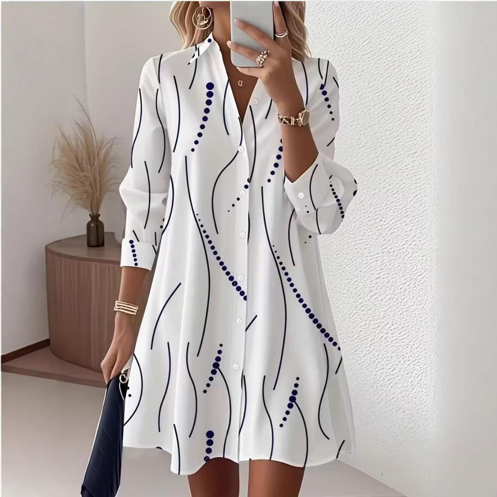Spring Autumn Women's Casual Elegant Printed Shirt Dress, In Stock For Crossborder EU US Size