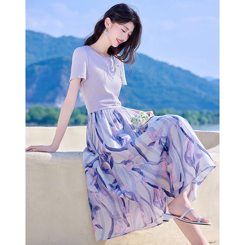 2026 Summer Print Faux Two-Piece A-Line Dress L