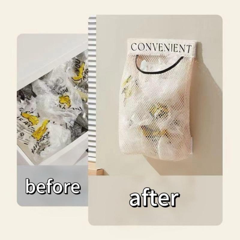 1-5pcs Kitchen Waste Bag Storage Magic Stick Net Pocket Wall Mounted Large Capacity Plastic Bag Organizer Polyester Fiber Bag