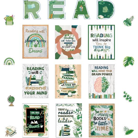 43 шт. Наборы для доски объявлений для чтения Классные тематические наборы Декоративные наборы Бохо Постеры для чтения для начальной и средней школы Библиотека Класс Чтение зелёный
