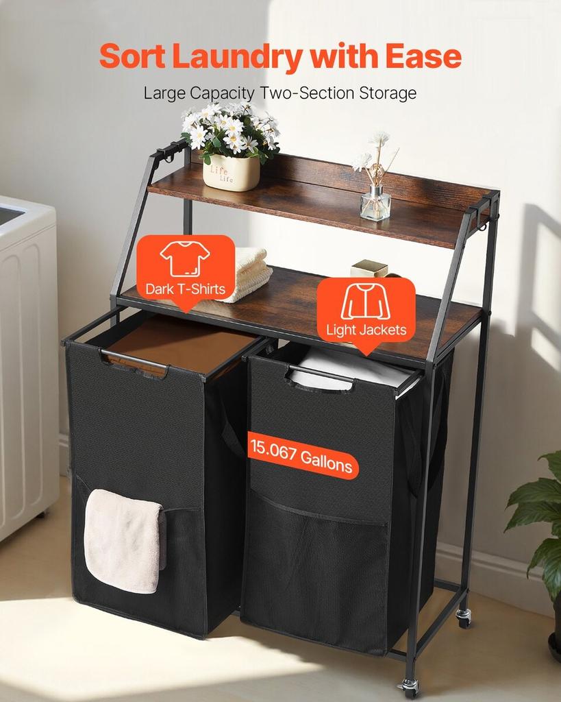 2 Tiers Laundry Sorter Tall Laundry Hamper with Wheels and Hooks 2 Section