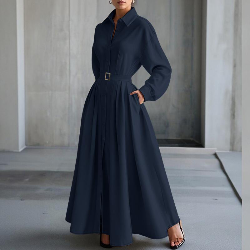 

ZANZEA Женское повседневное длинное платье-рубашка с отложным воротником и длинными рукавами L тёмно-синий