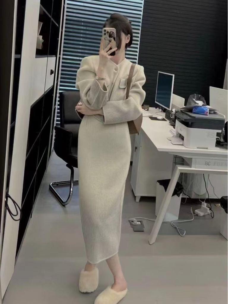 Winter 2025 Hellgraues Wollmischungs-Fleece-gefüttertes zweiteiliges Rockset