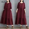 Korean Style Plus Size Spring Autumn Women Midi Dress O Neck Red Green Brown Burgundy Oversized Dress Lace Up Embroidery Cotton Dress