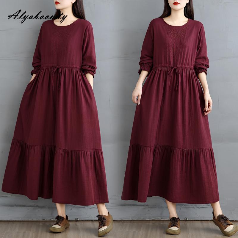 Korean Style Plus Size Spring Autumn Women Midi Dress O Neck Red Green Brown Burgundy Oversized Dress Lace Up Embroidery Cotton Dress