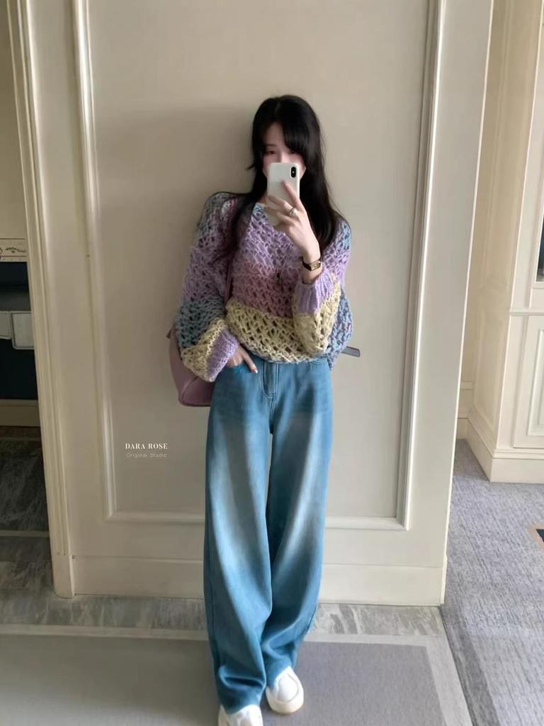 Korean Style Women's Colorful Striped Hand-Knitted Cardigan Sweater