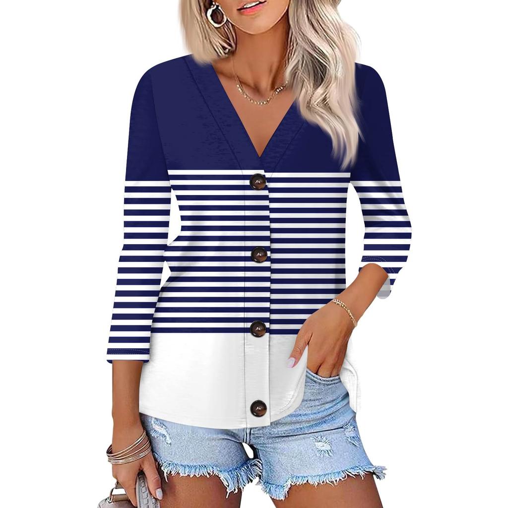 Women's Fashion Casual Printing Button-down Shirt 3/4 Long Sleeve Tops