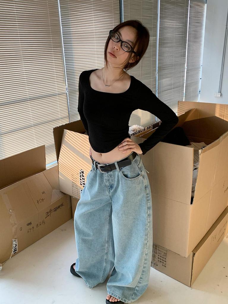 Dorothy Spring Korean Square Neck Irregular Long Sleeve Women's T-shirt