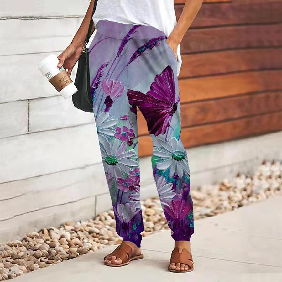 Women Flower Printing Pants Lace Up Elastic Waist Loose  Trousers Casual Long Pants Trousers with Pockets