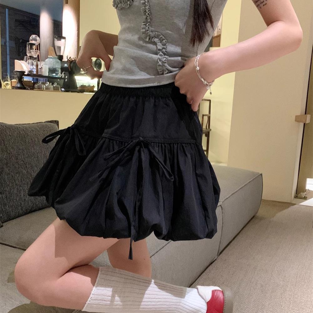 2025 Spring/Summer Women's High-Waist A-line Fluffy Short Skirt with Bow Knot Tie-up