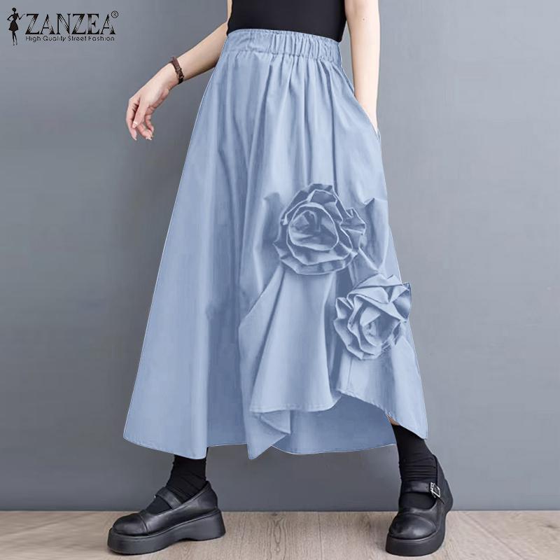 ZANZEA Kvinner Sommer Floral Ensfarge Løse A-linje skjørt