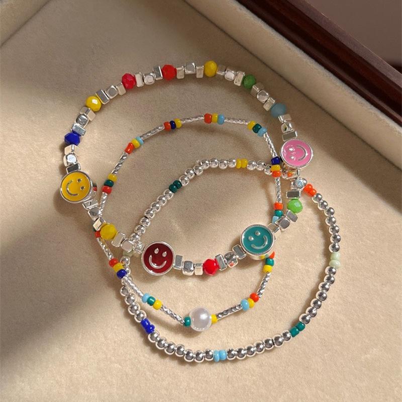 iF ME Colorful Bead Broken Silver Chain Bracelet for Women Artificial Pearls  Smiling Face Bracelets Jewelry Accessories
