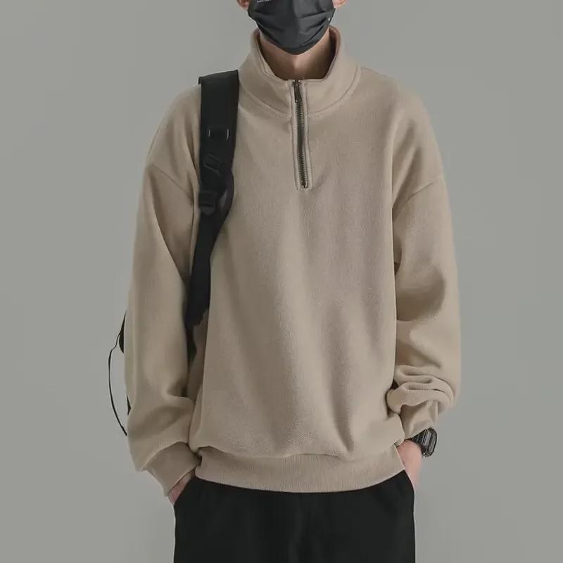 Herren-Sweatshirt im japanischen Retro-Stil mit halbem Reißverschluss und Stehkragen – doppelseitiger Samt, einfarbig für Frühling und Herbst.