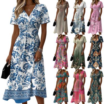 Ladies' Floral Casual Fashionable Short Sleeved V-neck Dress