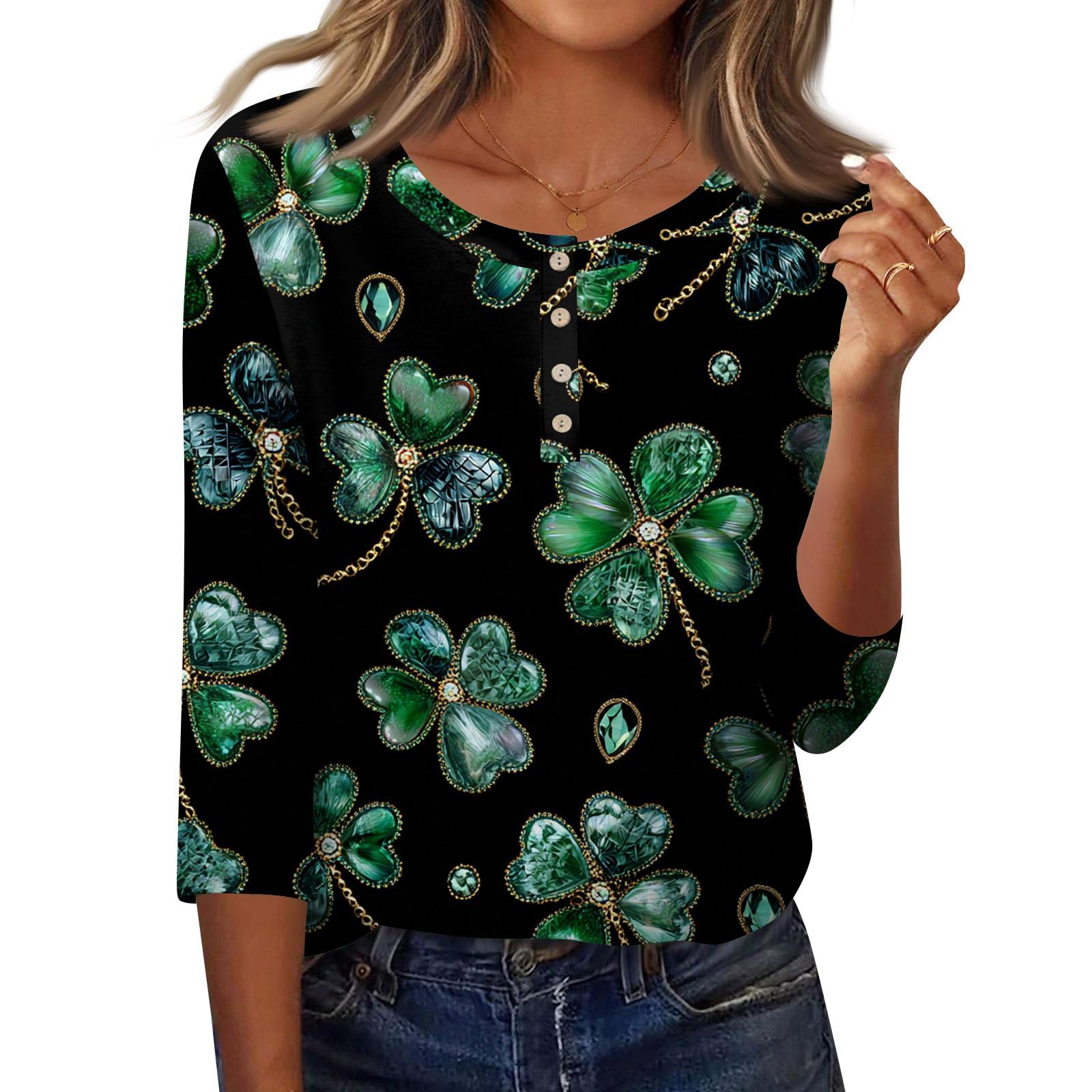 

3/4 Sleeves Shirts For Women Button Down Shirt Top For Women Half Button Down Print Graphic Blouse S зелёный