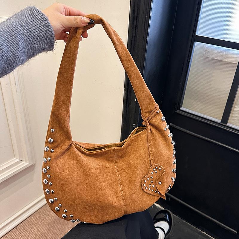 Half Moon Faux Suede Underarm Bags For Women Luxury Designer Handbags And Purses Vintage Rivet Rhinestones Shoulder Bag CLE