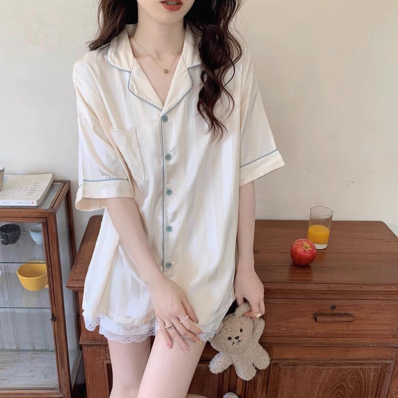 

Весенне-летняя тонкая пижама из ледяного шелка, высококачественный полосатый кардиган с короткими рукавами, повседневная милая женская одежда для дома M