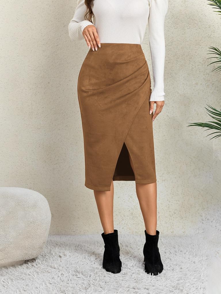 Women's Solid Color Pleated Suede Skirt High Waisted Buckle Wrapped Hip Short Skirt Middle Skirt