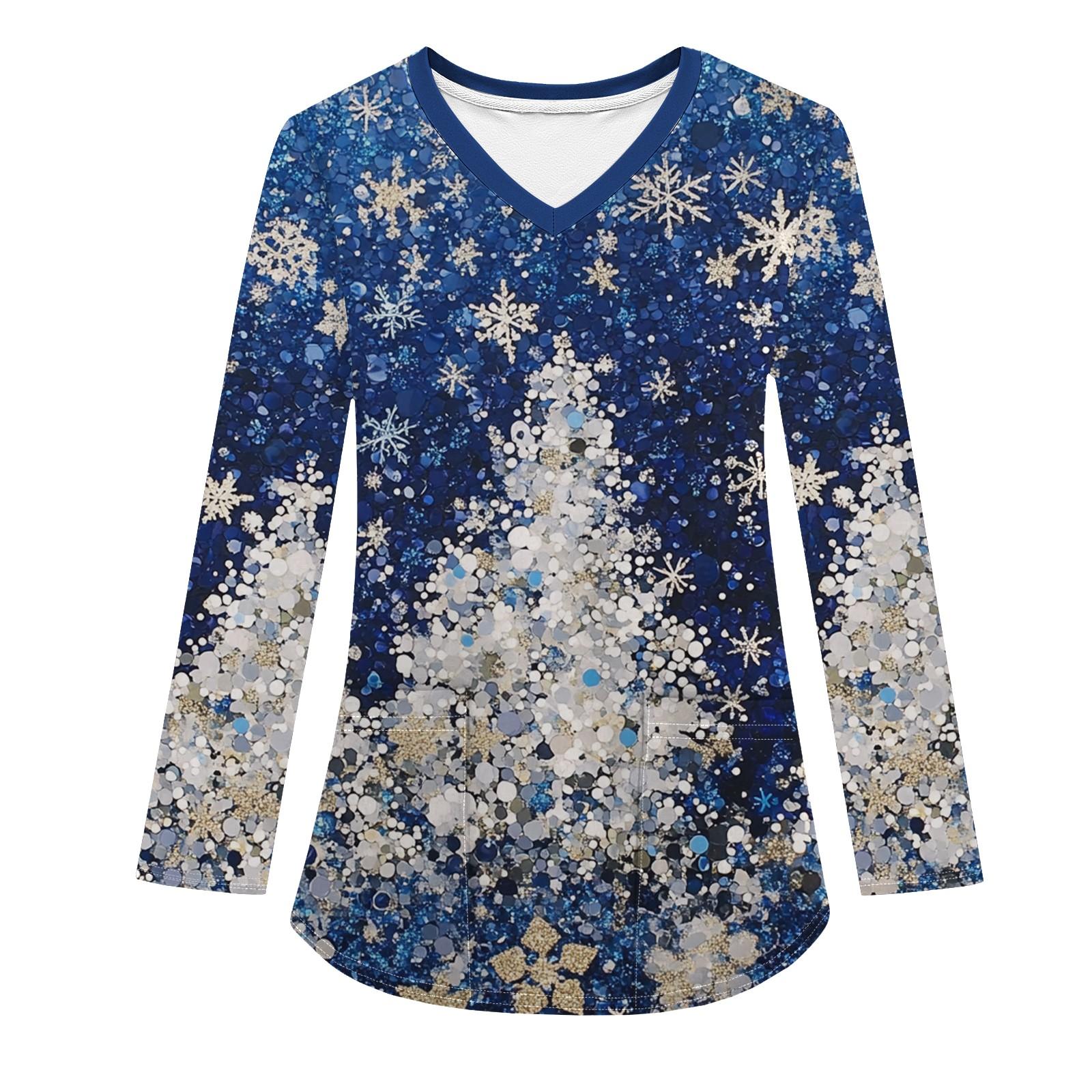 

Женская модная рабочая одежда с V-образным вырезом, длинным рукавом и карманом, рождественский принт, футболка, топ L синий