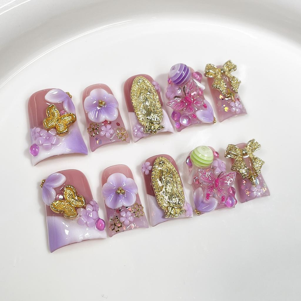 10Pcs Handmade 3D Flower Pearl Gradient Blush French Duckbill Press On Nails Set