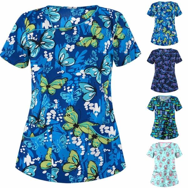 

Women Short Sleeve Tshirt Nurse Working Uniform Tops Funny Cute Animal Printed Tops Uniforms Short Sleeved Pet Scrubs S синій