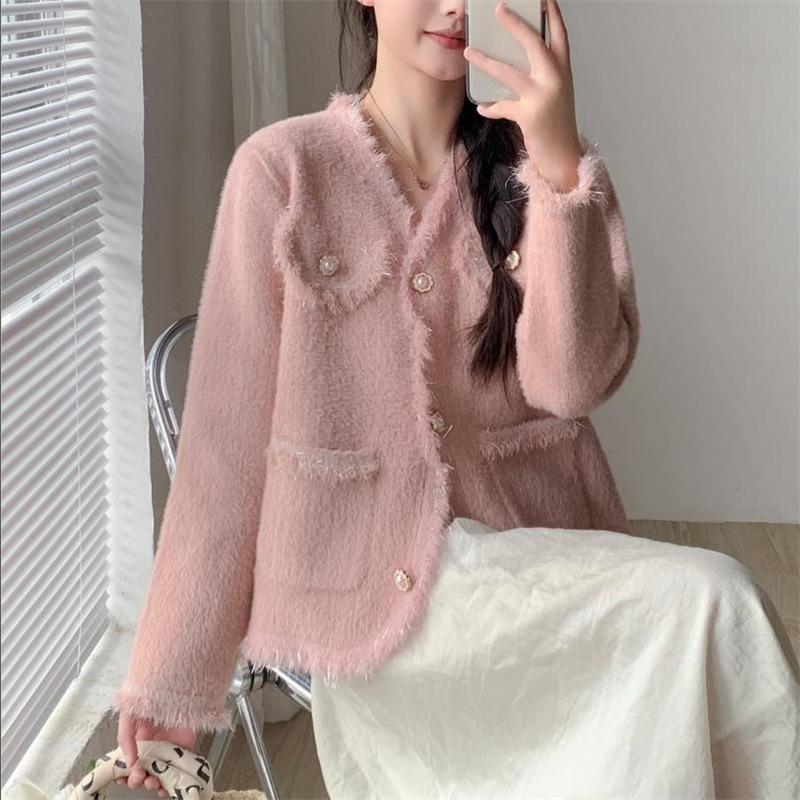 2025 autumn new imitation mink small fragrant knitted cardigan top gentle and sweet wind vertical stripes thin coat