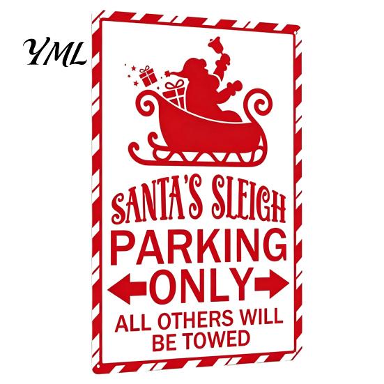 Indoor Outdoor Festive Wall Art Christmas Wood Sign, Vintage Santa's Sleigh Parking Only 2D Retro Wooden Seasonal Ornament Rustic Farmhouse