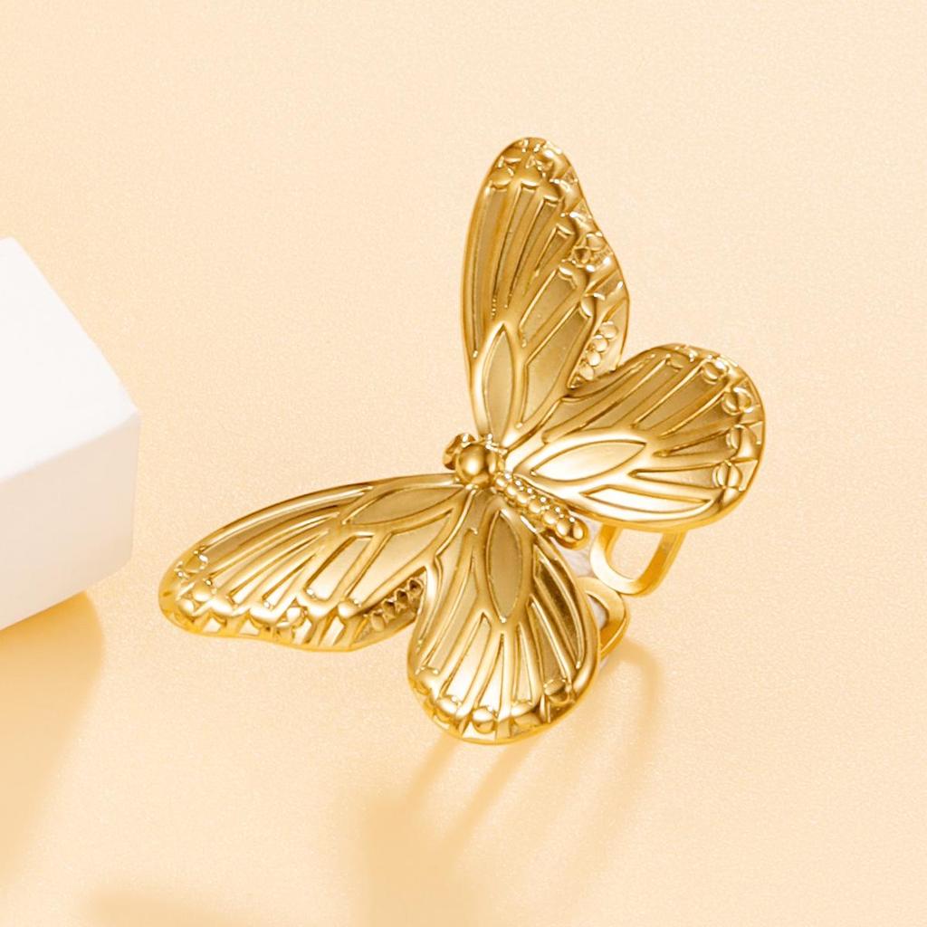 Stainless Steel Retro Elegant Butterfly Ring - Adjustable, Exaggerated Index Finger Design for Women