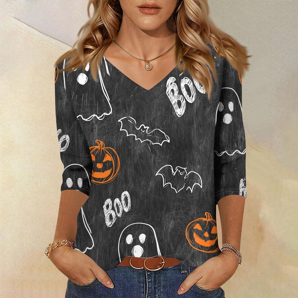 Women's Casual Halloween Print V Neck Three Quarter Sleeve Top Lightweight Loose Fit Pullover Shirt for Fall Seasonal Wear