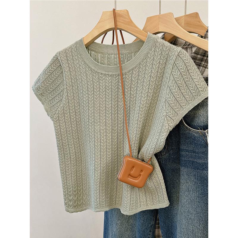 Thin Ice Silk Hollowed-out Knitted Sweater Short-sleeved T-shirt Women's Summer New Round Neck Slim-fitting and Thin Versatile Short Top