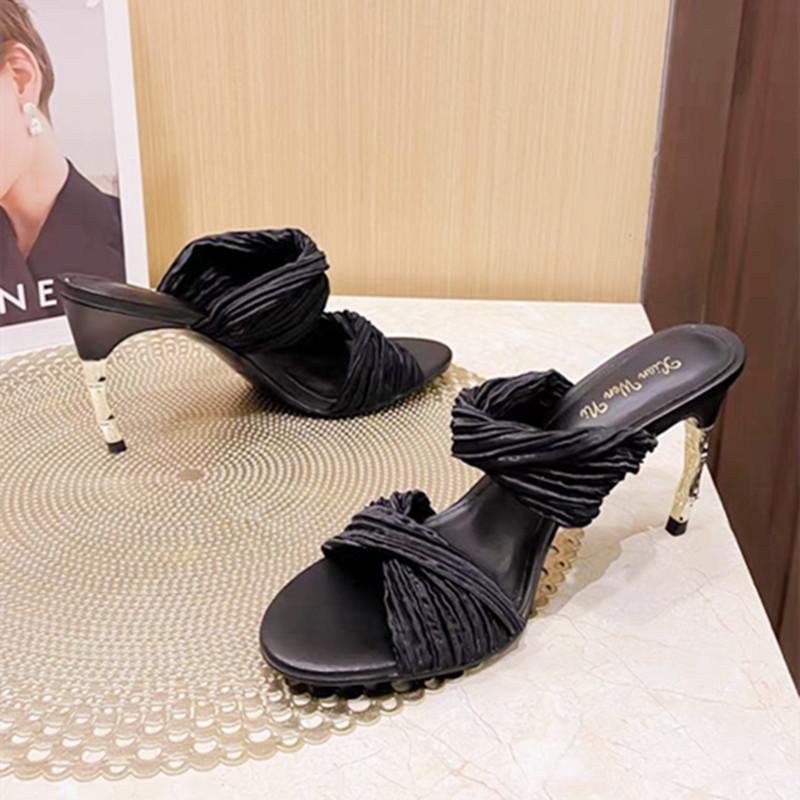 Fashion Elegant Satin Designer Women Slippers Sexy Open Toe Thin Stiletto Heel Slide Sandals Summer Fashion Party Dress Shoes Sandalias