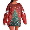 Ladies' Christmas Printed Bow Round Neck Long Sleeved Loose Pullover Sweater Sweatshirt Top