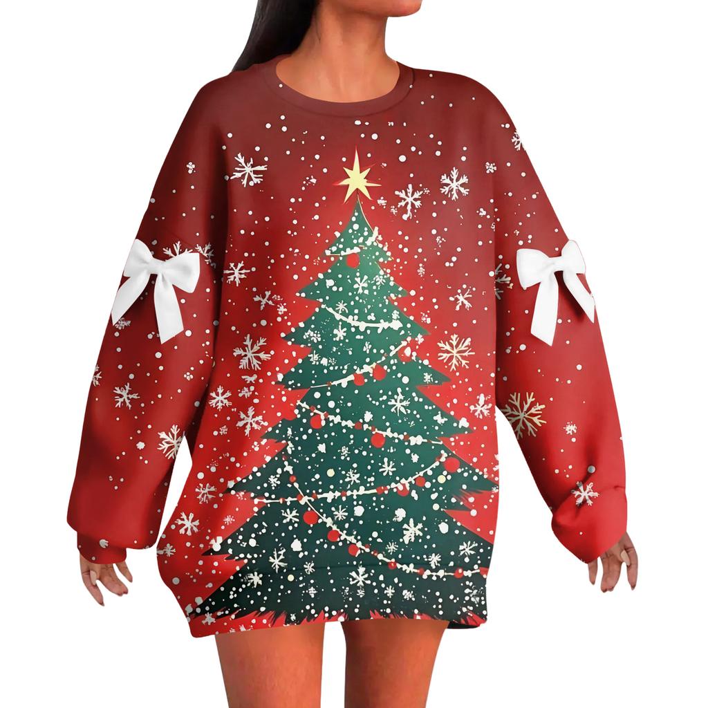 Ladies' Christmas Printed Bow Round Neck Long Sleeved Loose Pullover Sweater Sweatshirt Top