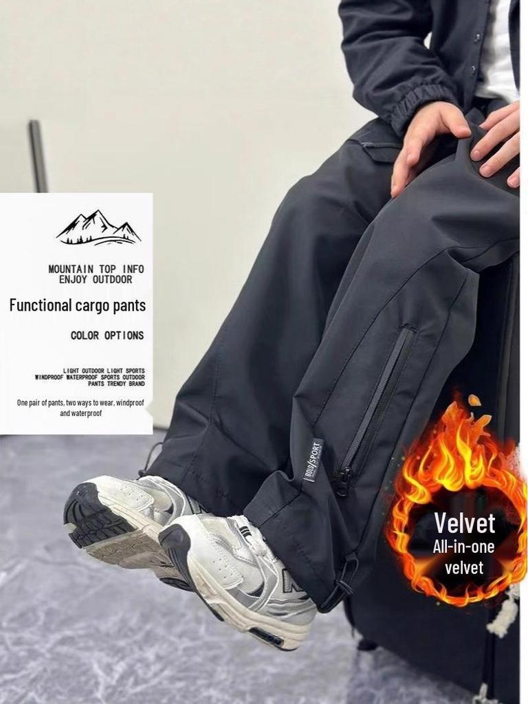 Boys' Waterproof Windproof Cargo Pants - Velvet Lined, Outdoor Autumn/Winter Wear for Middle & Big Kids