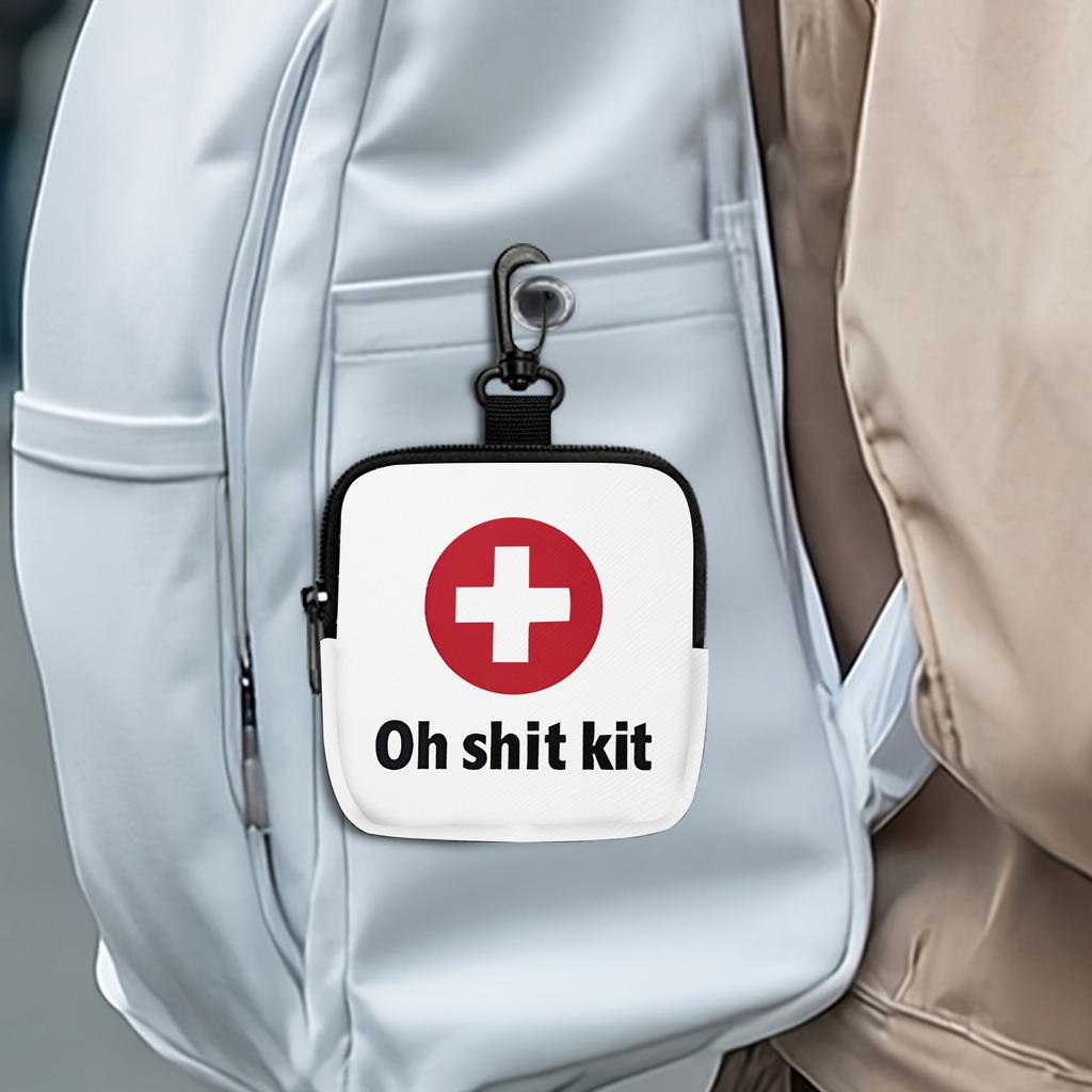 Red Cross & "Oh Shit Kit" Print Coin Purse with Safety Buckle & Zipper Pocket - Multifunctional Storage Bag for Coins, Keys, Cards - Compact Organizer