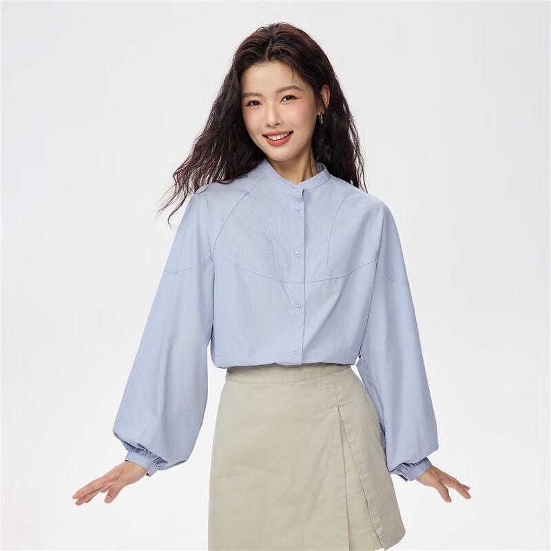 GIORDANO Women's Pure Cotton Stand Collar Lantern Sleeve Loose Shirt