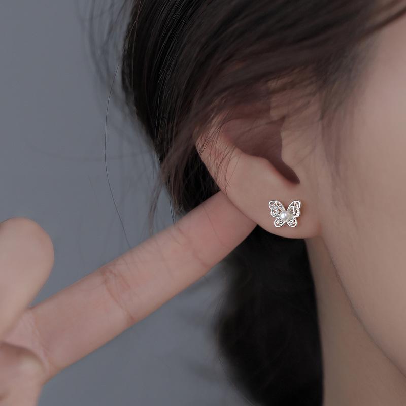 Elegant Butterfly Lace Pearl Stud Earrings - 2025 New Style for Women