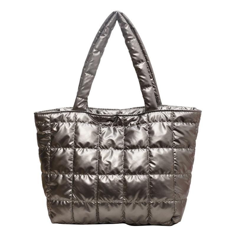 Women Girls Winter Shoulder Bag Zipper Closure Plain Check Bag Gloss Surface Cloud Bubble Bag Basic Style For Shopping Traveling