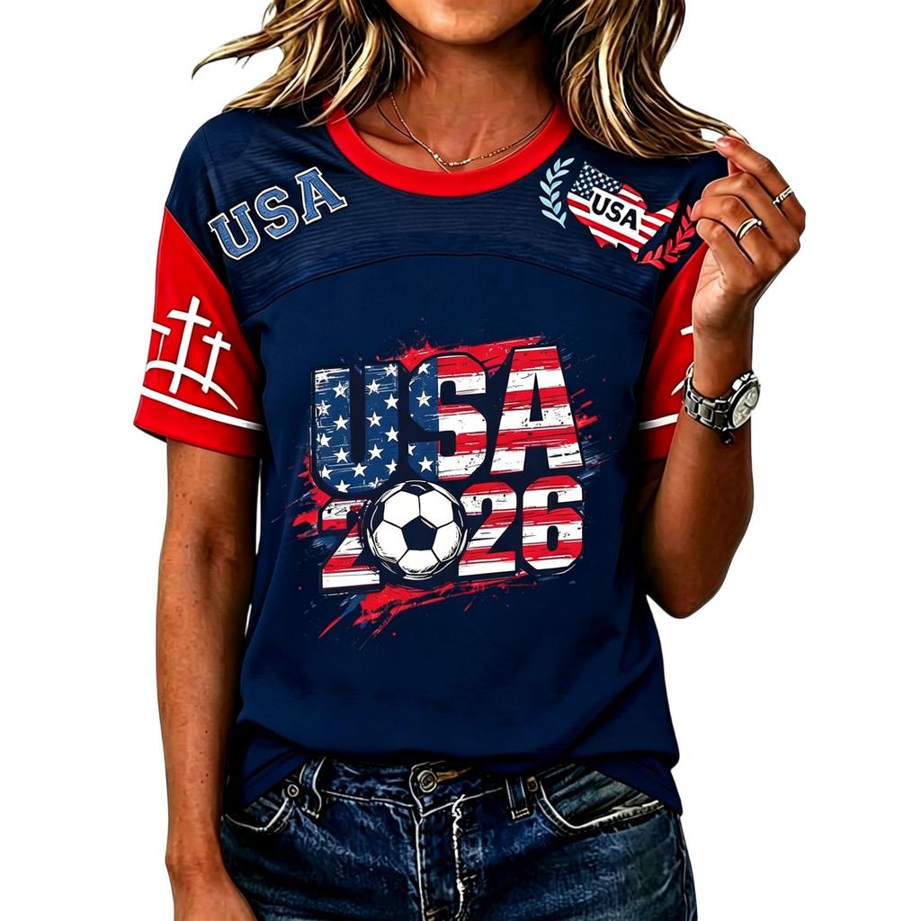 Women's Casual Short Sleeve Pullover Top Crew Neck Soccer Graphic Print Lightweight T-Shirt for Everyday Wear