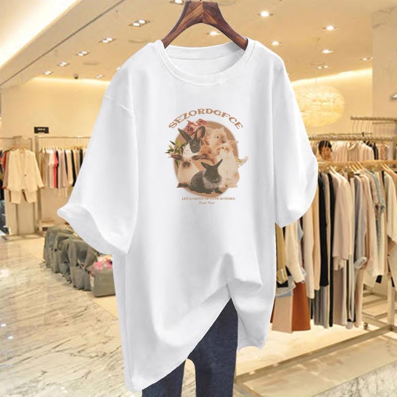 

Pure cotton loose printing versatile age-reducing t-shirt large size cartoon short-sleeved women s new medium and long models S