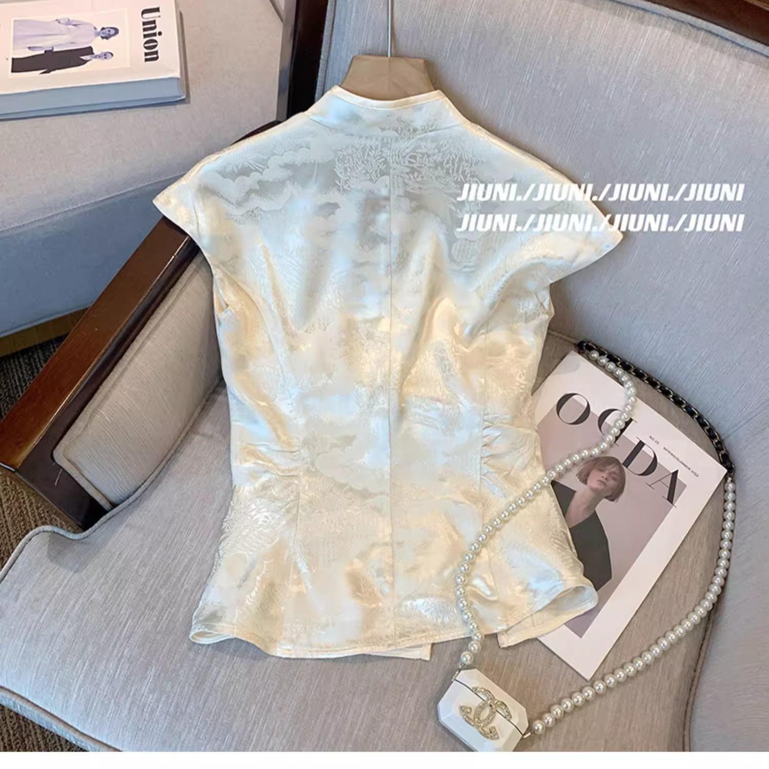 

Летний Облегающий Темпераментный Топ Универсальный Темный Узор Твил Воротник-стойка Футболка с Коротким Рукавом Тренд M [Recommended below 50kg]