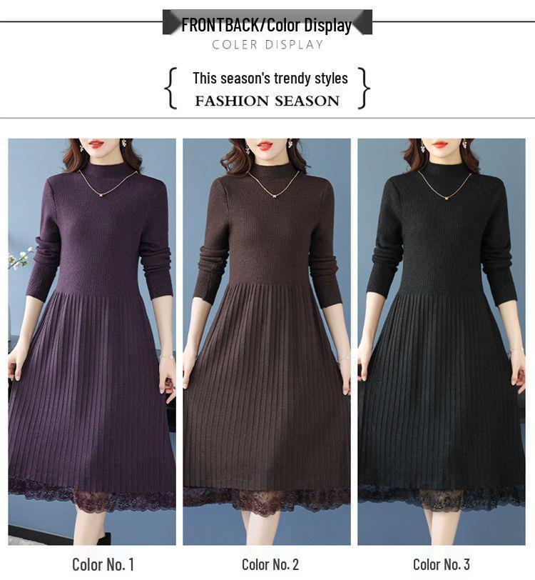 Plus Size Semi-High Collar Wool Sweater Dress - Warm, Thick, Tummy Covering, Slimming Winter Knit