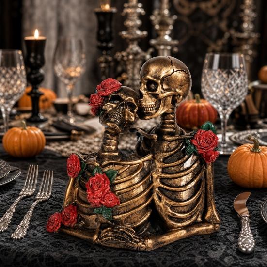 Halloween Gothic Skeleton Couple Figurine, Vintage Kissing Skeleton Resin Statue, Rose Skeleton Couple Sculpture for Holiday Party Decoration