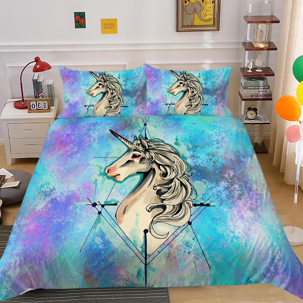 2023 Neuer Stil Bettwäsche-Set 3D Einhorn-Druck Bettdecke Bettzeug Zuhause Dreiteilig Warm Polyester Kissenbezug Bettbezug