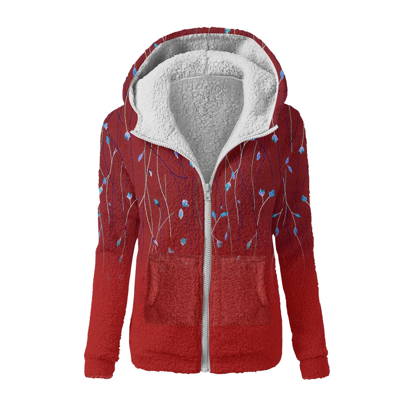 

Женская модная ретро-куртка с цветочным принтом и капюшоном из плюша на молнии XL винный