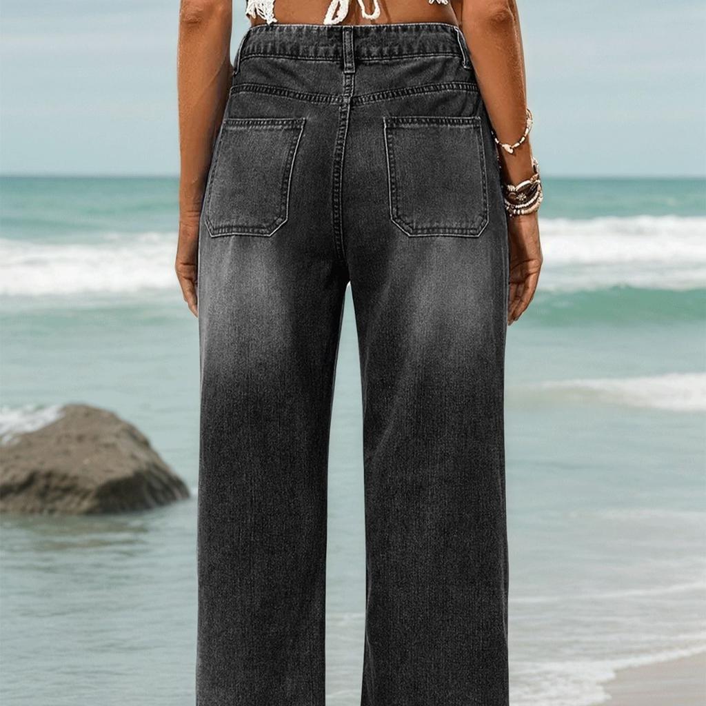 European and American Fashionable All-match Women's Jeans Button Loose Straight Pants